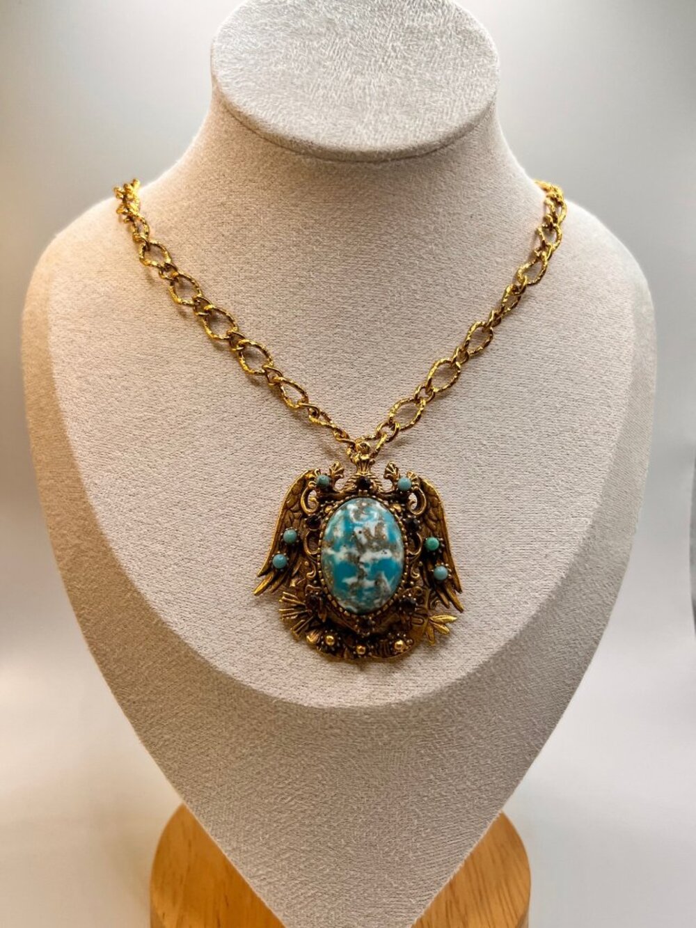 Signed Vintage Florenza Turquoise Color Double Bird Pendant Brooch Gold Tone